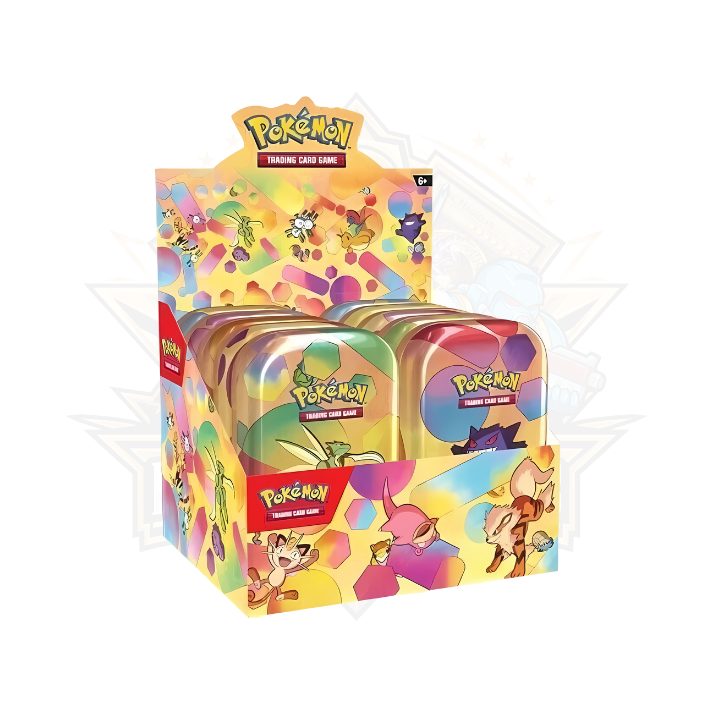 Colorful Pokémon trading card game mini tins display box with character artwork