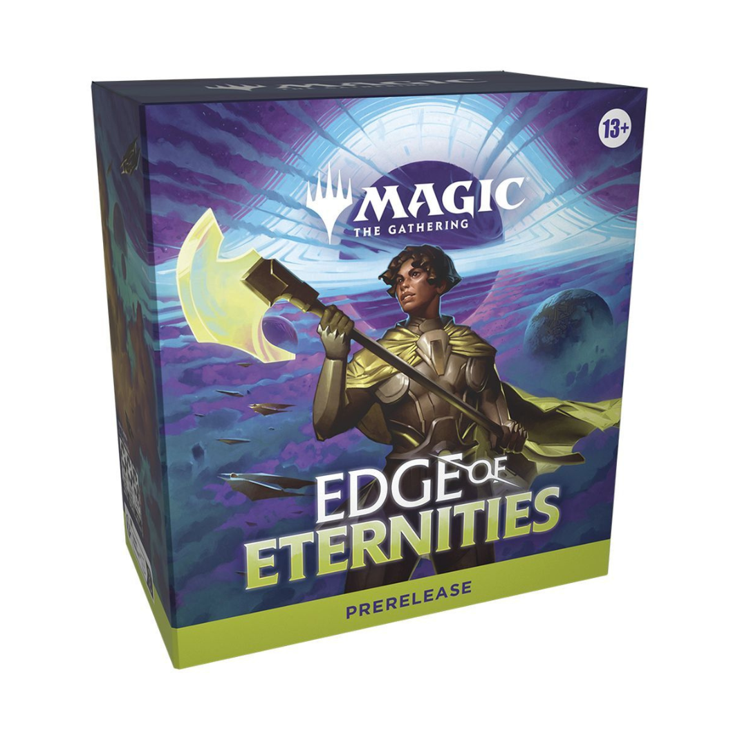 MTG Edge of Eternities At-Home Prerelease Kit with Play Boosters, foil promo card, and spindown die in display box.