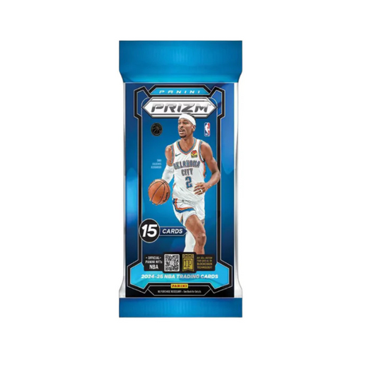2024-25 Panini Prizm NBA Basketball Fat Pack showcasing exclusive Red, White, and Blue Prizms and rare inserts