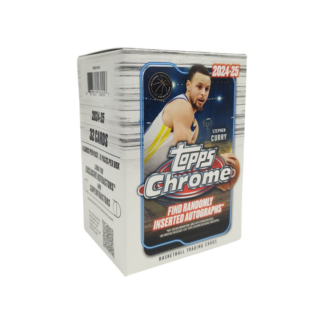 2024/25 Topps Chrome NBA Basketball Value Blaster Box featuring exclusive pink refractors and insert cards.