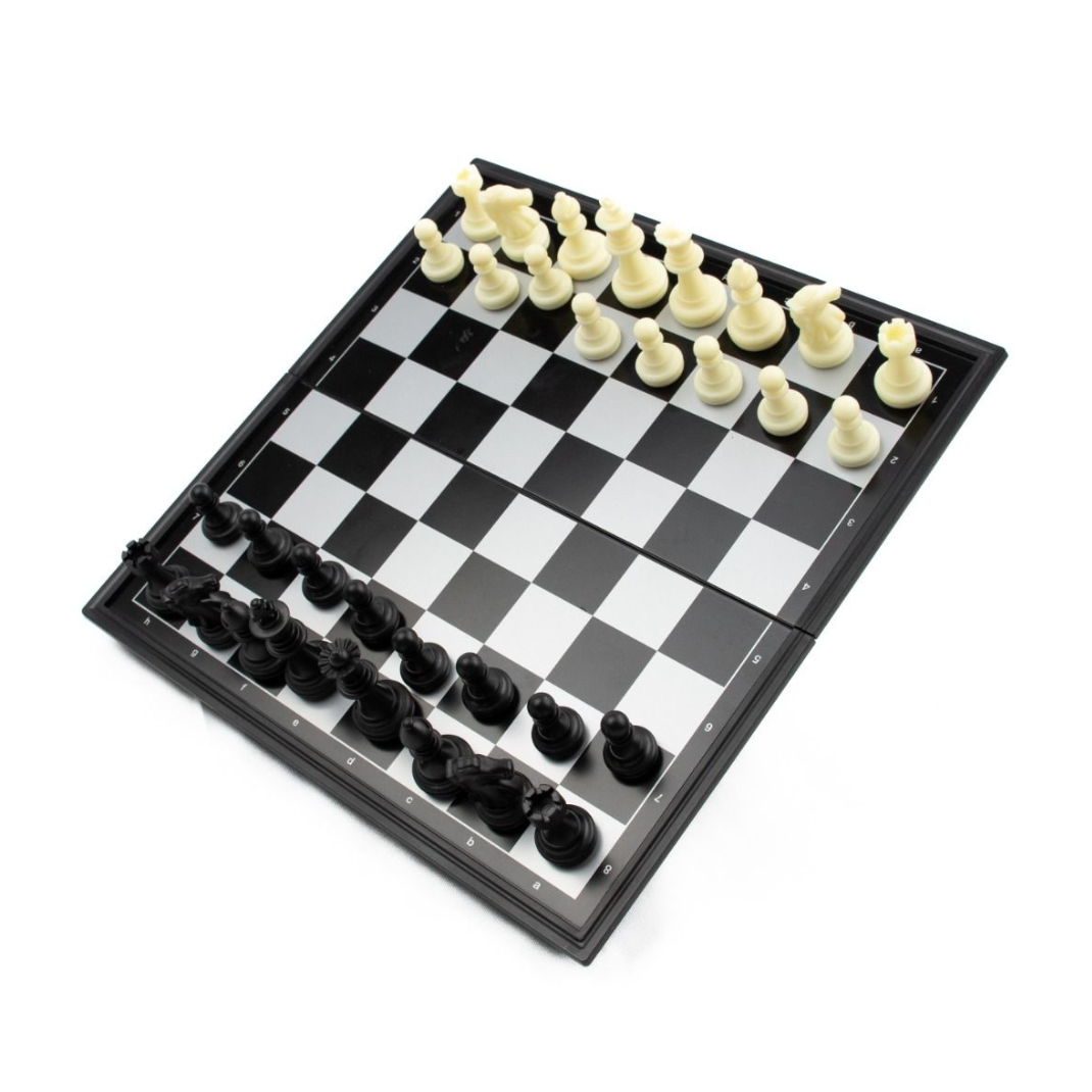 A 20cm LPG Classics plastic magnetic travel chess set shown partially folded, revealing the internal storage for the black and white magnetic pieces.