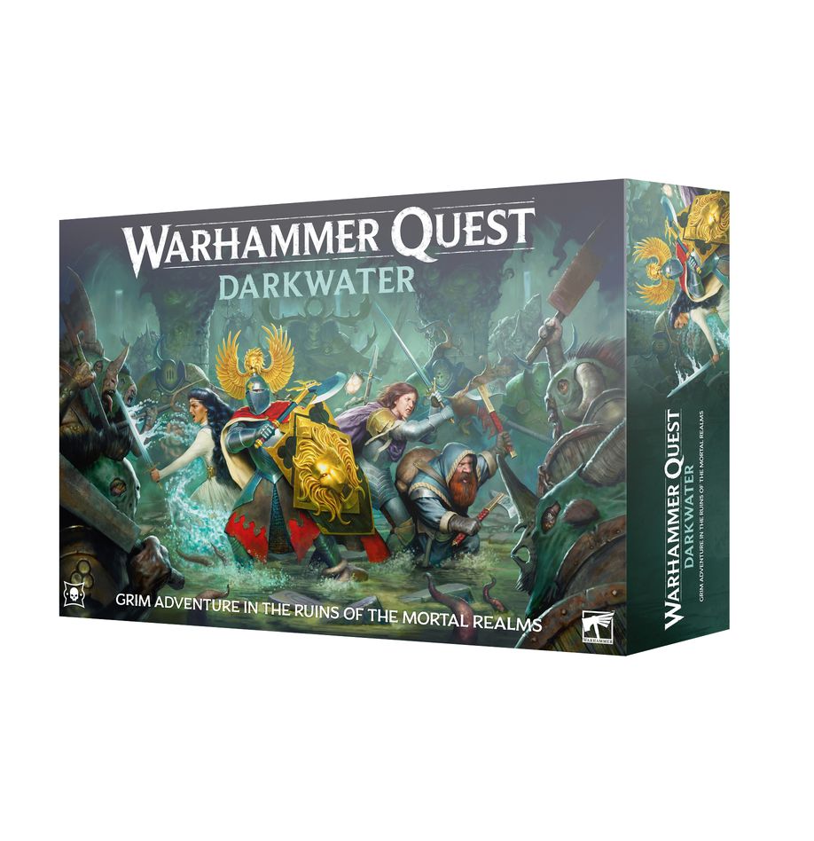 Box art for the Warhammer Quest: Darkwater dungeon-crawler board game, featuring hero miniatures battling the forces of Nurgle inside the corrupted Jade Abbey.