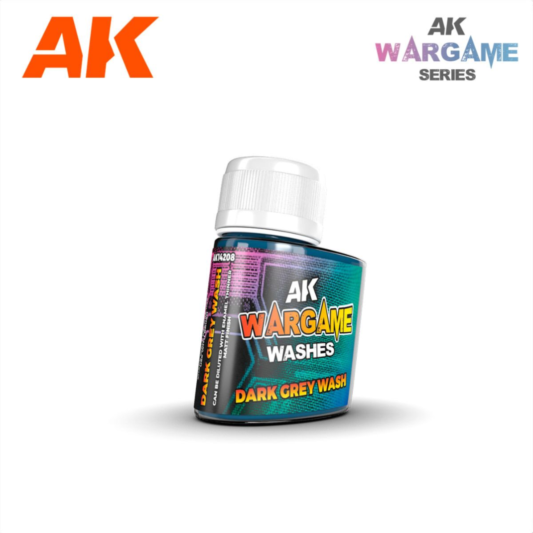 A 35ml bottle of AK Interactive Dark Grey Wash (AK 069) showing the enamel liquid inside and the label detailing its use for panellines.