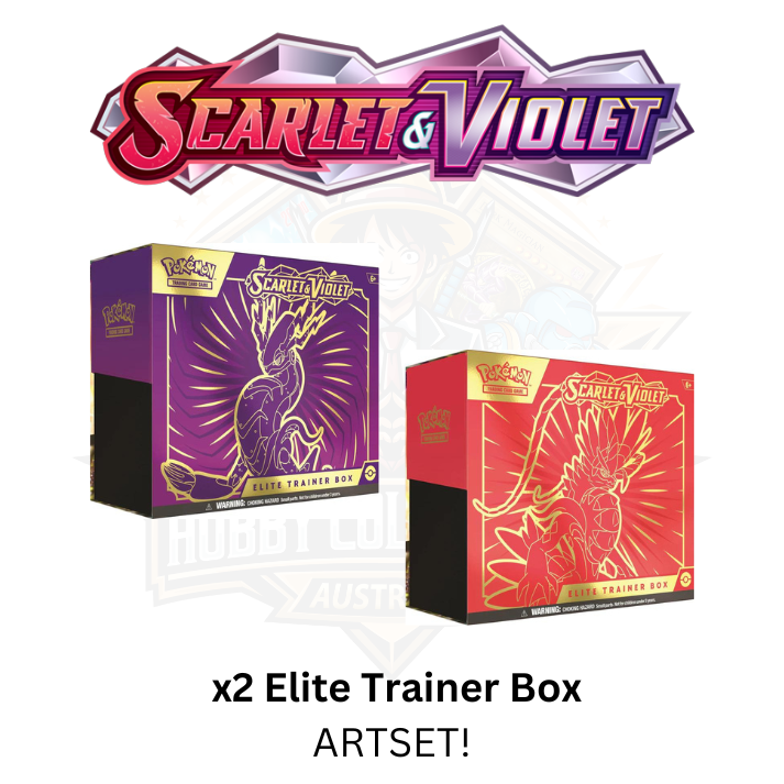 Scarlet and Violet Elite Trainer Box set, featuring two Pokémon trading card boxes in purple and red.
