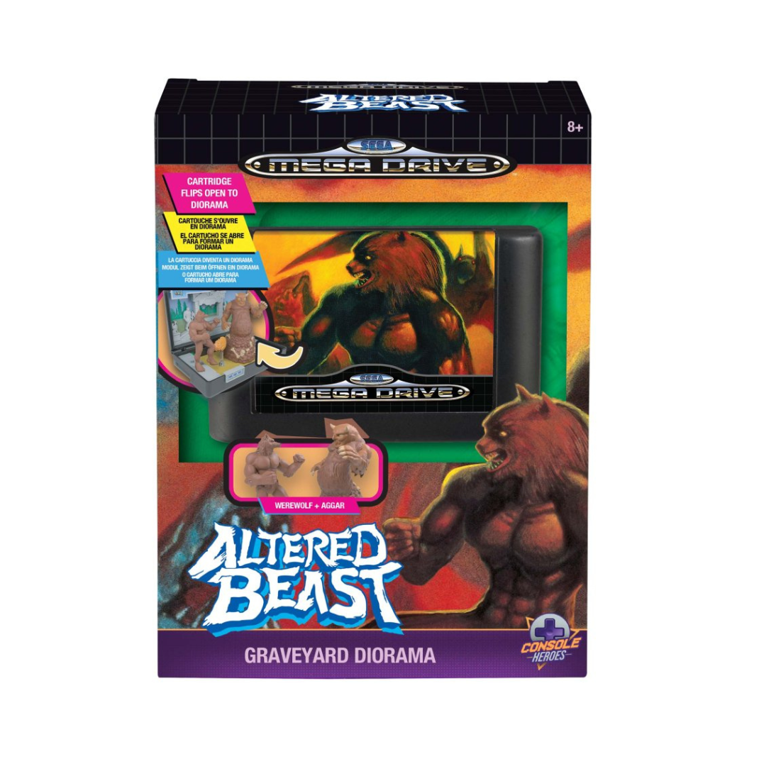 Console Heroes: Altered Beast Collectible Diorama. The diorama is housed within a plastic SEGA Mega Drive game cartridge, showing a detailed miniature scene of the Centurion fighting a beast.