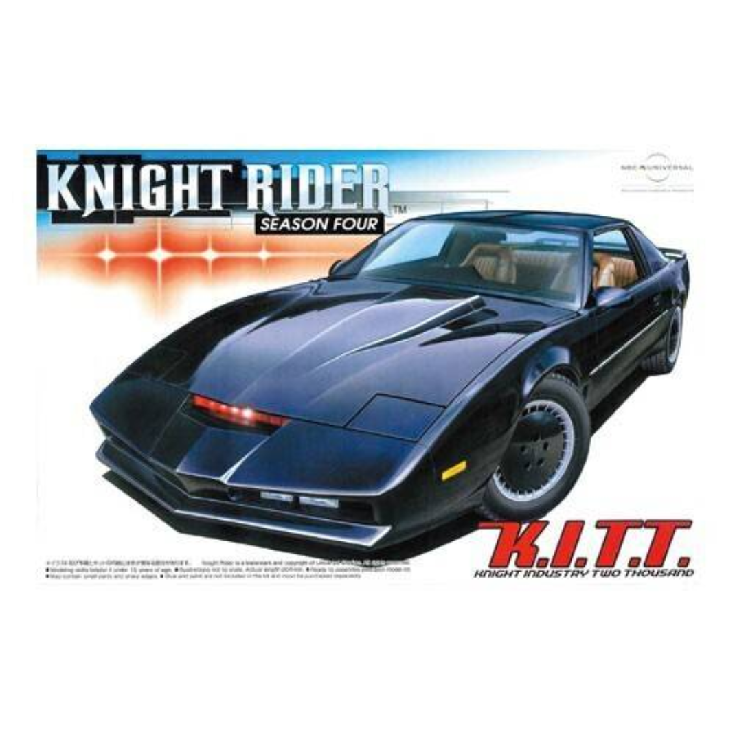 The Aoshima 1/24 Knight Rider Knight 2000 K.I.T.T. Season IV plastic model kit (A004130) box art featuring the iconic black Trans Am with its red scanner.