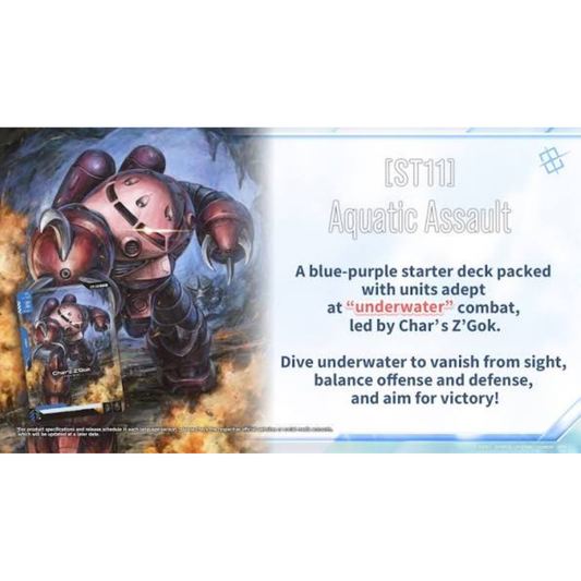 Gundam Card Game Aquatic Assault ST11 Blue Purple starter deck featuring Chars Zgok
