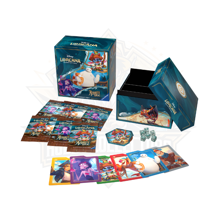 Disney Lorcana Azurite Sea trading card game set with cards, box, dice, and boosters