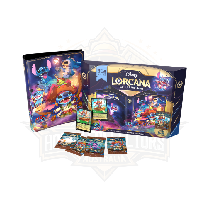 Disney Lorcana Stitch gift set with trading cards, card portfolio, and colorful box artwork