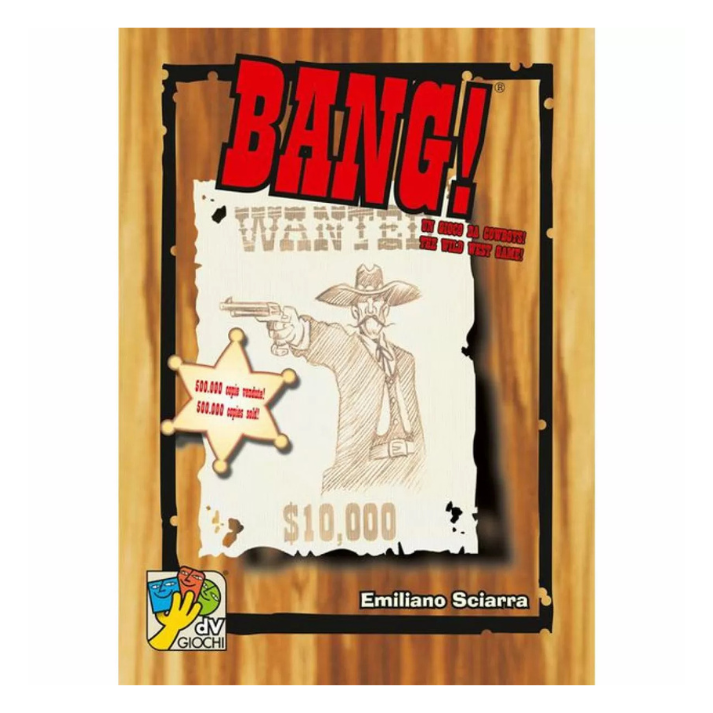 Bang! 4th Edition box with Wild West artwork, role cards, and character cards.