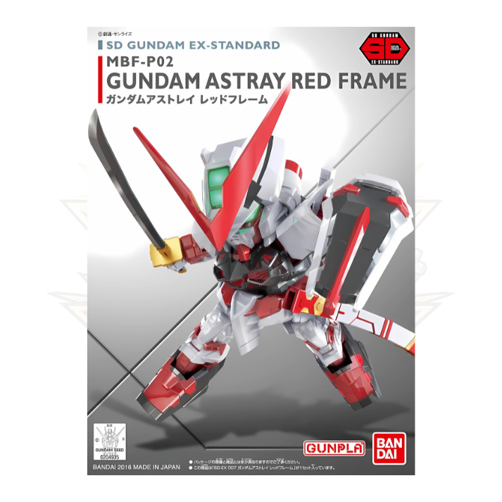 SD Gundam EX-Standard Astray Red Frame model kit box with sword and shield in dynamic pose