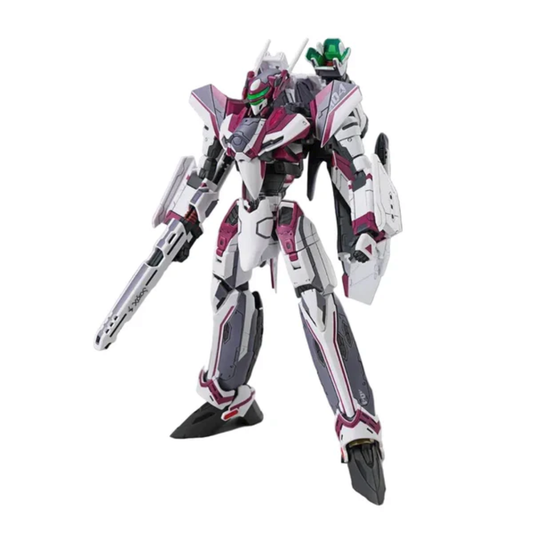 Bandai 1/100 scale HG VF-31C Siegfried model kit in Mirage Farina Jenius colors, shown in Fighter and Battroid modes.