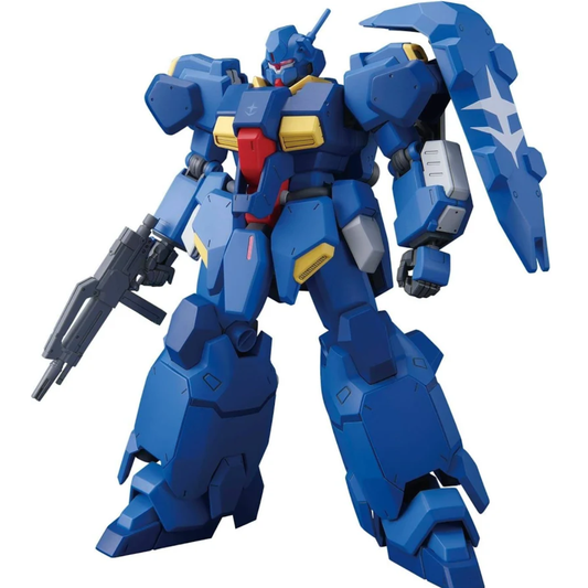 Bandai High Grade 1/144 scale model kit of the Gustav Karl Type-00 showing the heavy blue and grey mobile suit with its shield and beam rifle.