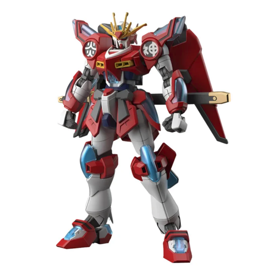 Bandai High Grade 1/144 scale Shin Burning Gundam model kit with translucent red flame effects and a color-shifting polarized cloak.