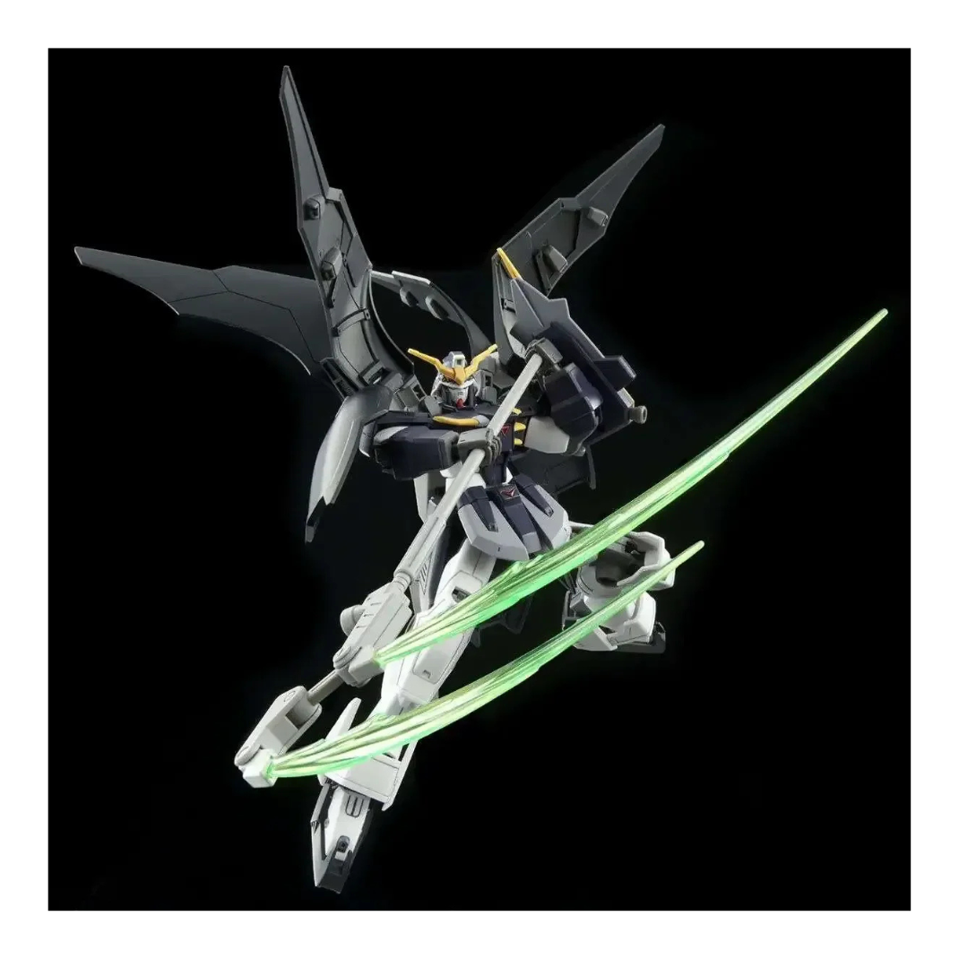 Completed HG Deathscythe Hell model kit with Active Cloak wings fully expanded and holding the Twin Beam Scythe.