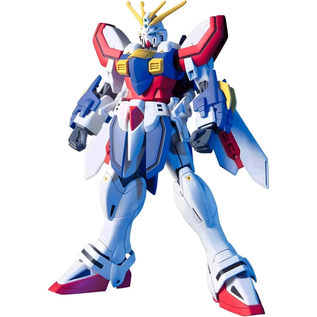 Bandai High Grade 1/144 scale God Gundam model kit showing the mobile suit in its Hyper Mode with wings deployed and orange God Finger hands.