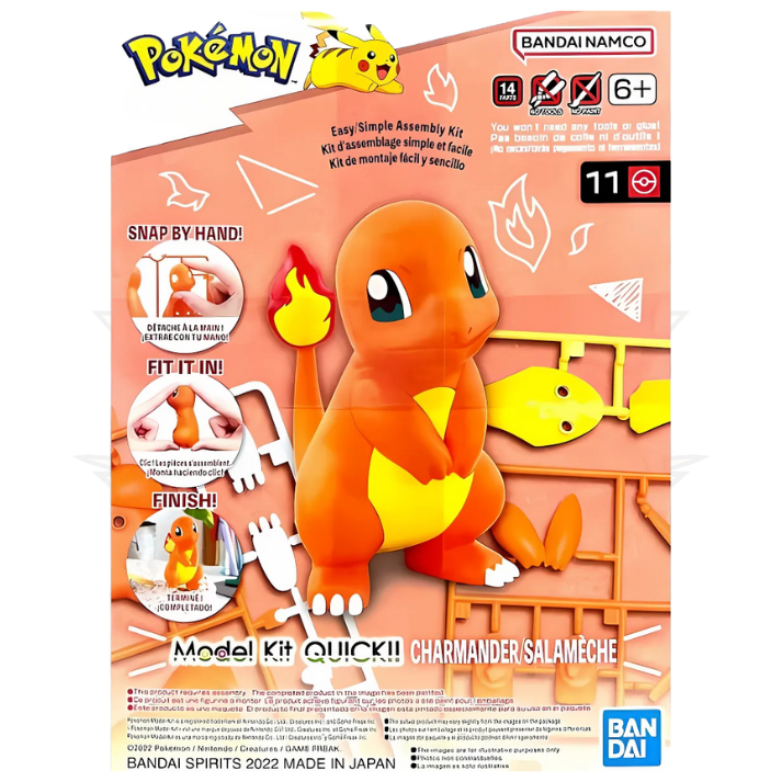 Bandai Charmander plastic model kit box, featuring assembly steps and Pokémon branding