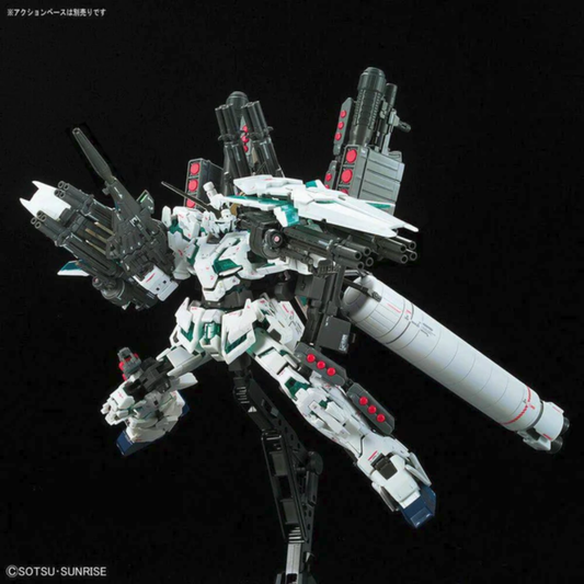 Bandai Real Grade 1/144 scale Full Armor Unicorn Gundam model kit showing the white mobile suit with green psycho-frame and massive weapon loadout.