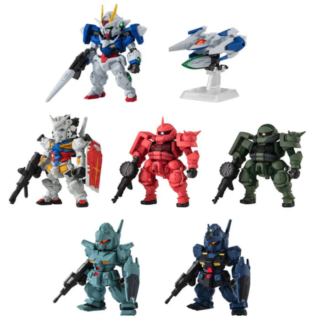 An assortment of seven Bandai FW Gundam Converge #28 figures including the 00 Gundam, 0 Raiser, White Gundam, Char's Zaku, Zaku, GM Custom, and GM Quel.