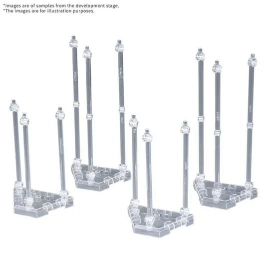 A set of four clear hexagonal Bandai Weapon Display Base 01 pedestals with several transparent arms holding various Gundam beam rifles and swords in a floating armoury arrangement.