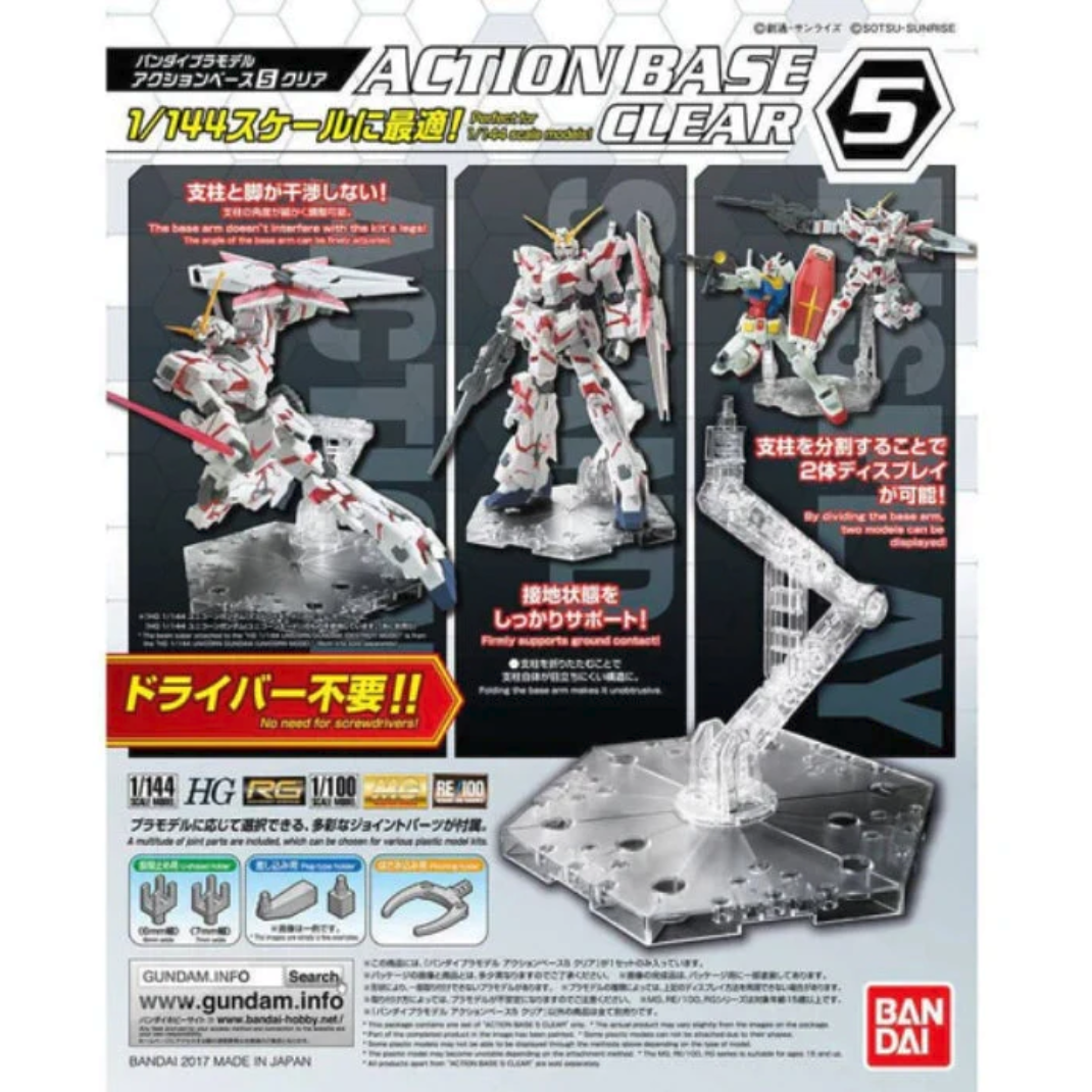 A transparent Bandai Action Base 5 Clear display stand featuring a multi-jointed arm and a hexagonal base plate for 1/144 scale model kits.