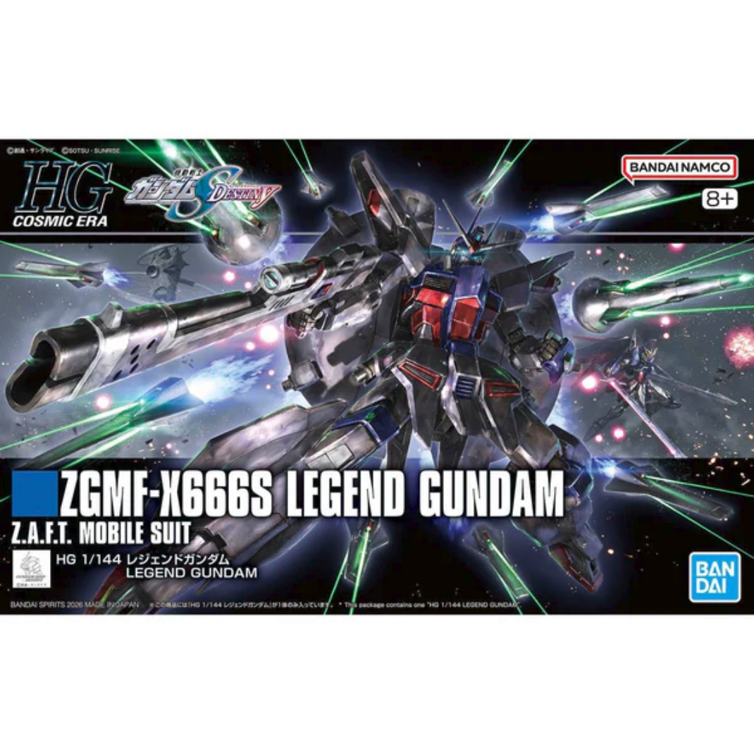 The Bandai HG 1/144 Legend Gundam model kit showing the mobile suit with its DRAGOON backpack deployed and holding its high-energy beam rifle.