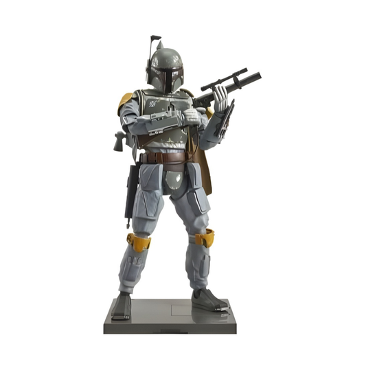 Bandai 1/12 scale Boba Fett plastic model kit (Original Trilogy version), featuring the bounty hunter in his classic weathered green and grey armor, aiming his EE-3 carbine rifle.