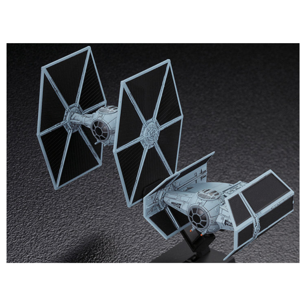 Bandai Star Wars Vehicle Model 007 dual kit featuring Darth Vader's TIE Advanced x1 and a standard TIE Fighter, both mounted on a single black display stand.