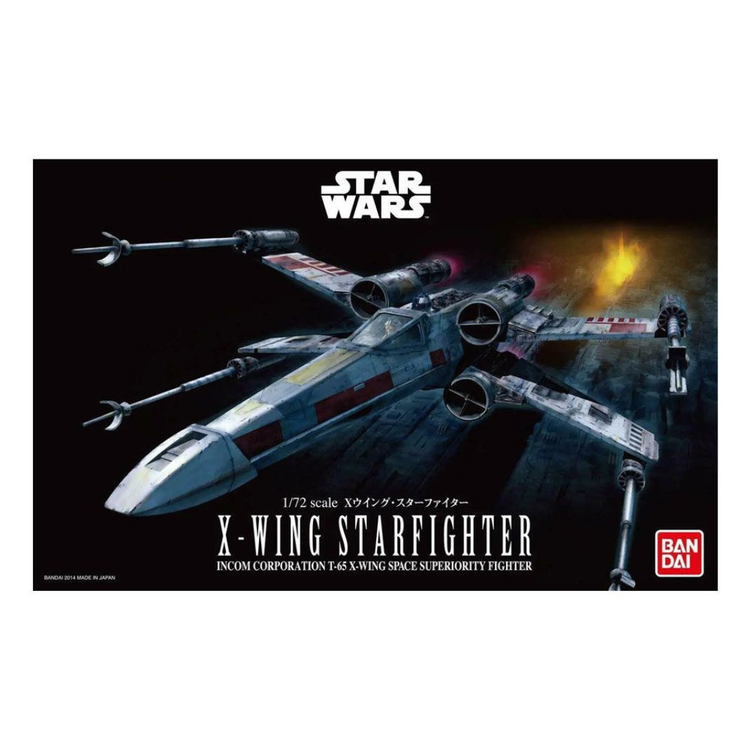 Bandai 1/72 scale Star Wars X-Wing Starfighter plastic model kit box art, showing the Rebel starfighter in flight with S-foils open over the Death Star surface.