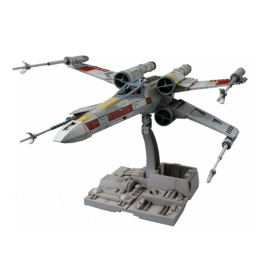 Bandai 1/72 scale Star Wars X-Wing Starfighter plastic model kit box art, showing the Rebel starfighter in flight with S-foils open over the Death Star surface.