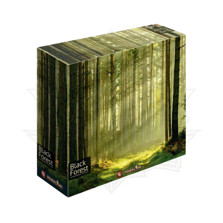 Black Forest board game box with forest artwork and sunlight streaming through trees