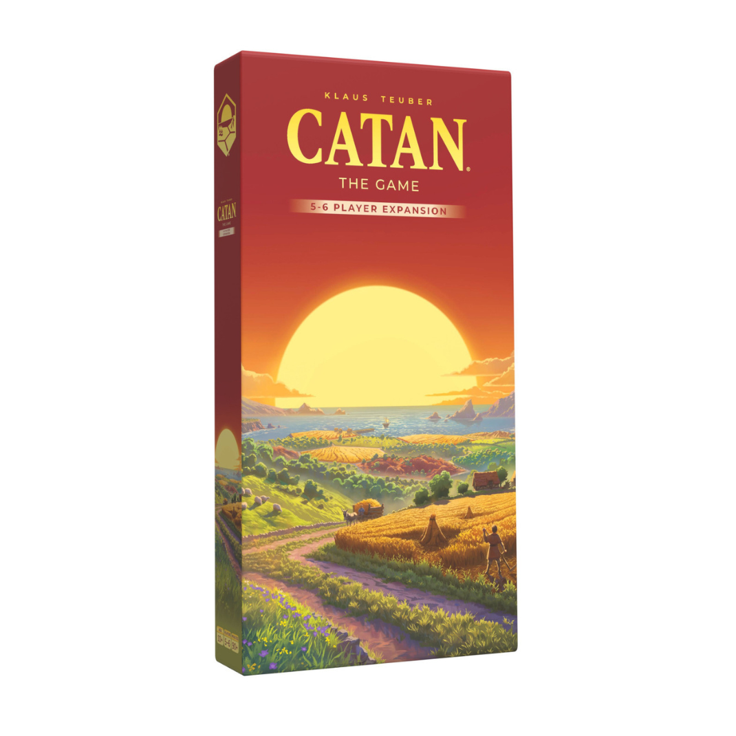 The box art for CATAN 6th Edition 5-6 Player Expansion, showing a larger modular board with purple and green settlements and new terrain artwork.