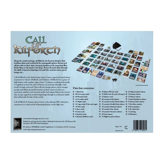 The Call of Kilforth: A Fantasy Quest Game box art, showing a hero overlooking a tropical sea with a large galleon and a dark, gothic ancient rising in the background.