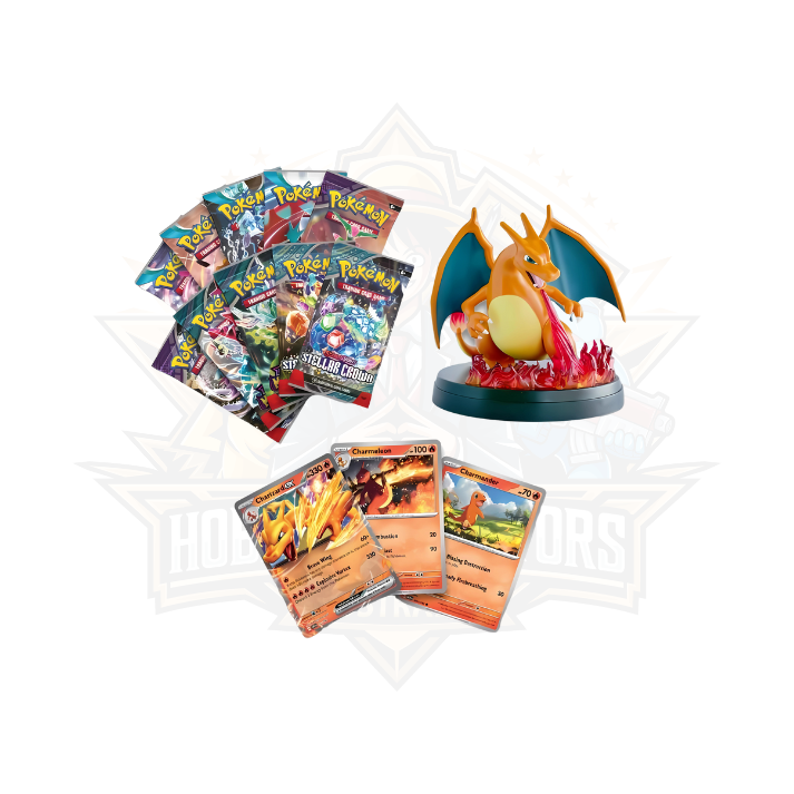 Charizard EX Super Premium Collection with booster packs, promo cards, and Charizard figure
