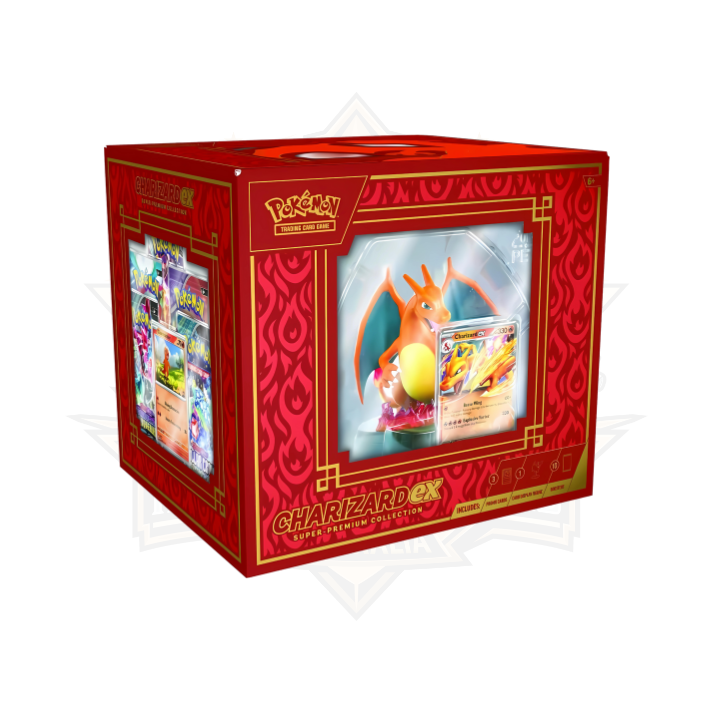 Charizard ex Super Premium Collection box with figure, promo card, and trading card packs