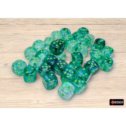 Chessex: CHX 27995 Borealis 12mm d6 Kelp with Light Green Pips Luminary Dice Block (36)
