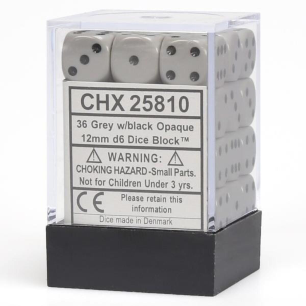 Chessex CHX 25810 dice block containing 36 dark grey 12mm six-sided dice with black pips in a clear plastic case.