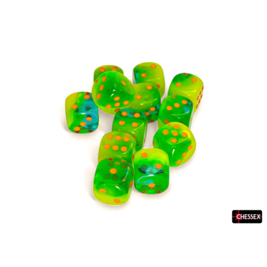 Chessex: CHX 26670 Gemini Plasma Green-Teal with Orange Pips Luminary 16mm d6 Dice Block (12)