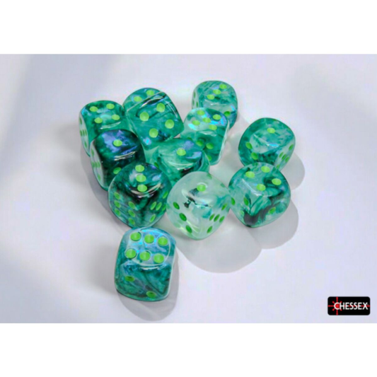 Chessex: CHX 27795 Borealis 16mm d6 Kelp with Light Green Pips Luminary Dice Block (12)