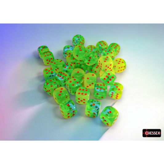 Chessex: Gemini Plasma Green-Teal & Orange with White Luminary d6 12mm Dice Block (36 Dice)