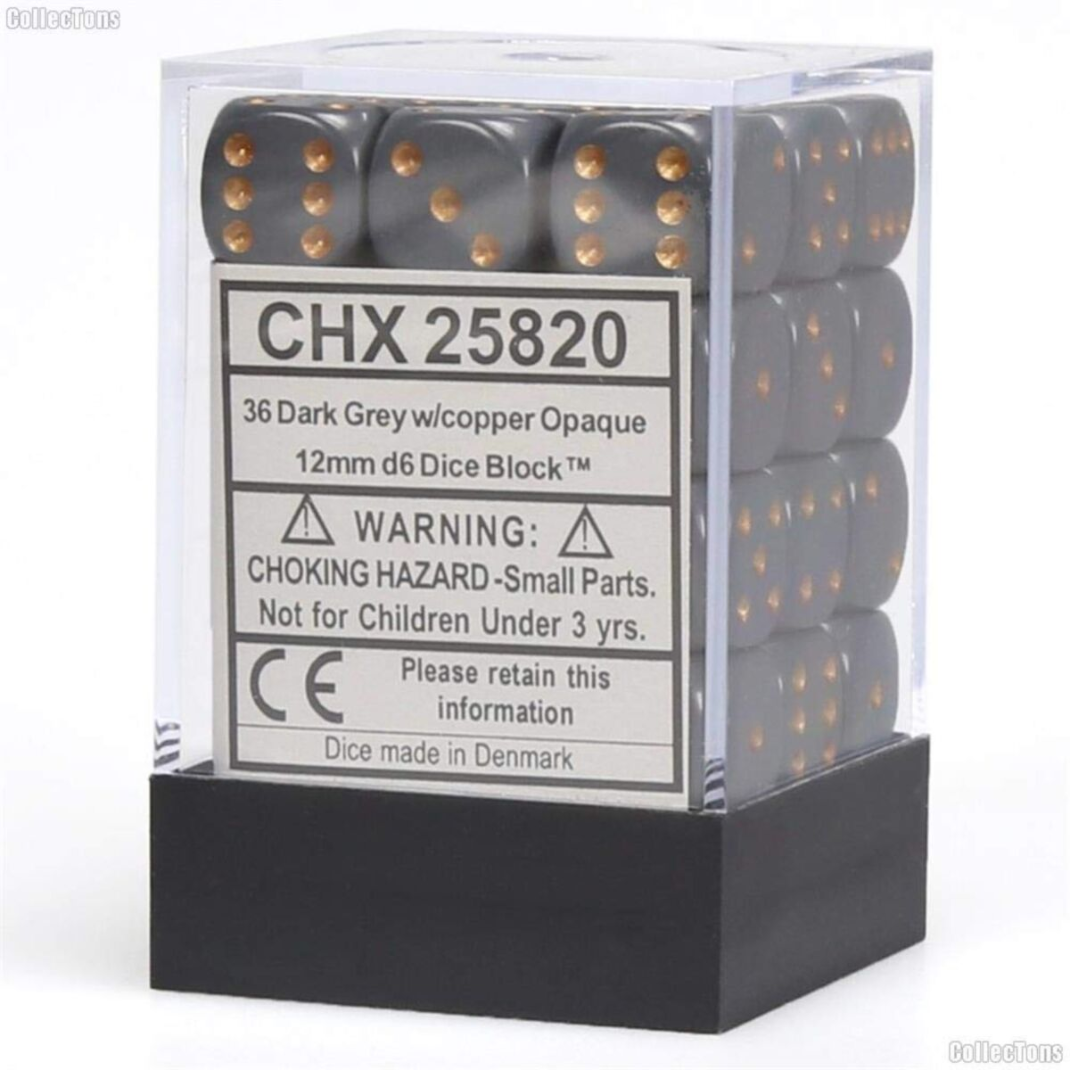 Chessex Opaque Dark Grey 12mm d6 dice block with copper pips in a clear protective storage case.