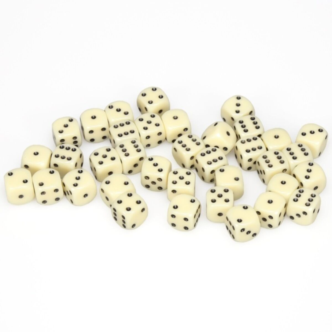 Chessex Opaque Ivory 12mm d6 dice block with black pips in its clear protective storage case.