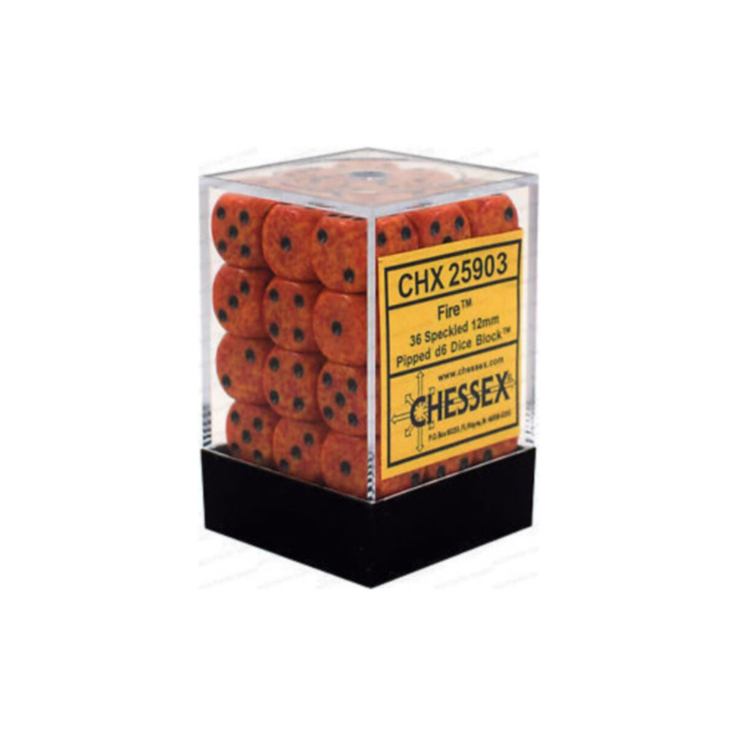 Chessex Speckled Fire 12mm d6 dice block featuring red and orange speckled dice with black pips in a clear plastic case.