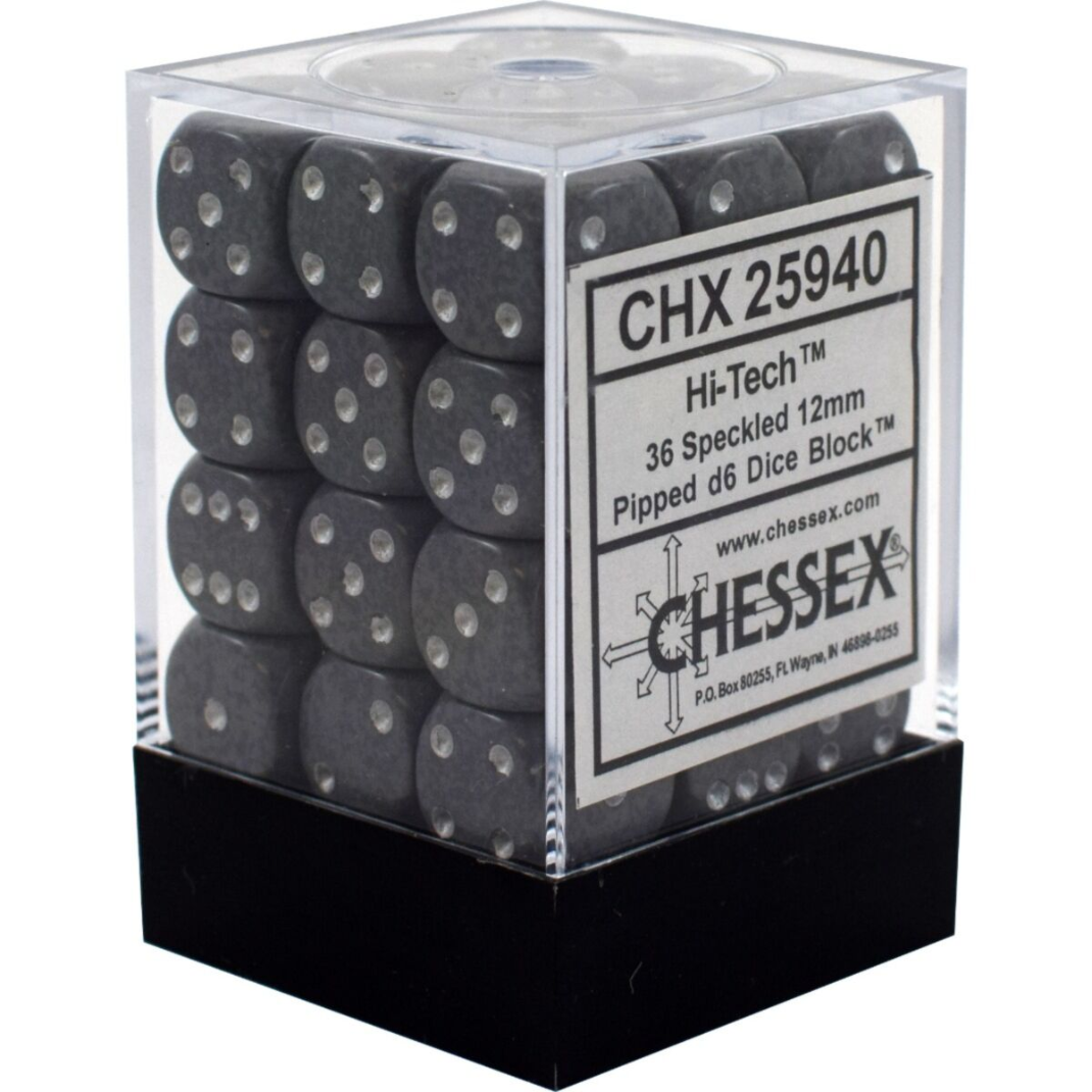 Chessex: Speckled Hi-Tech with Black Pips d6 12mm Dice Block (36 Dice)