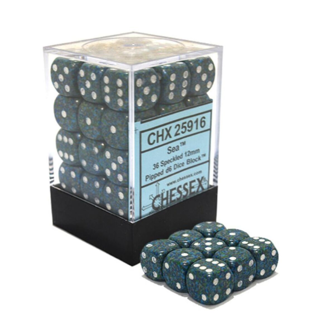 Chessex Speckled Sea 12mm d6 dice block featuring blue speckled dice with white pips in a clear plastic case.