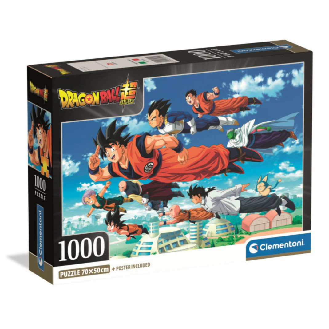 The Clementoni Dragon Ball Z Flying 1,000 piece jigsaw puzzle box (39955), displaying the Z-Fighters flying together and the High Quality Collection logo.