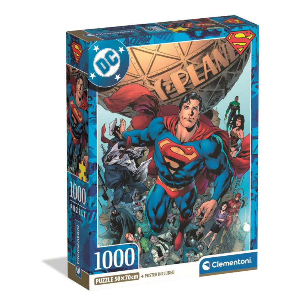 The Clementoni Superman Design 1 1,000 piece jigsaw puzzle box (37505), showing a powerful comic-style Superman artwork and the "Poster Included" badge.