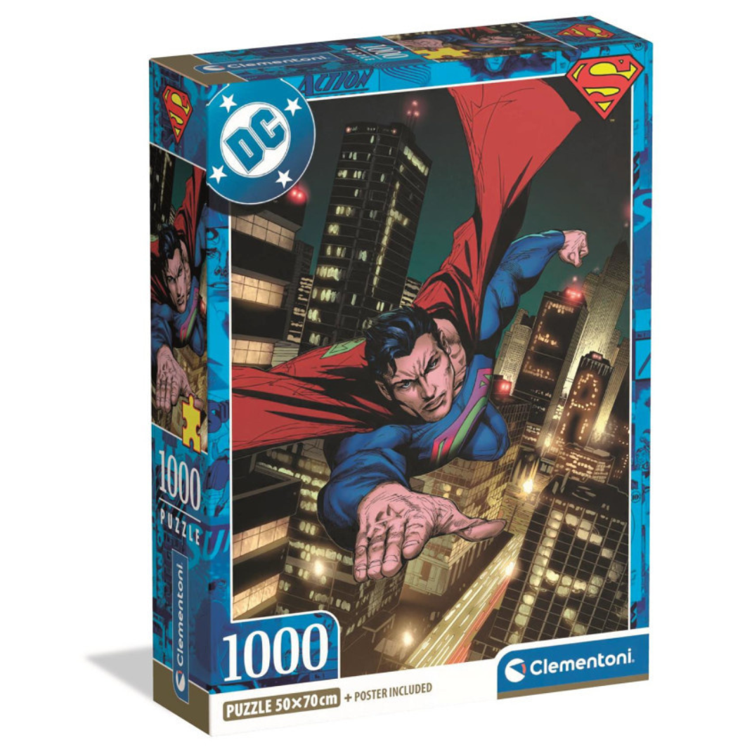 The Clementoni Superman Design 2 1,000 piece jigsaw puzzle box (37506), showing the heroic Superman artwork and the "Poster Included" badge.
