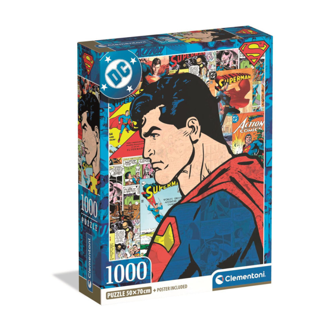 The Clementoni Superman Design 3 1,000 piece jigsaw puzzle box (37507), showcasing the intense "Man of Steel" artwork and the "Poster Included" badge.