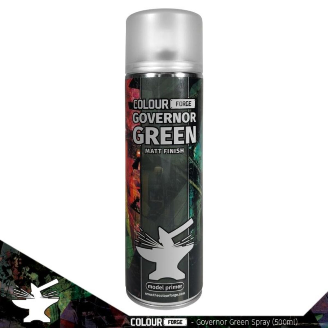 A professional 500ml aerosol can of Colour Forge Governor Green Spray Primer featuring a muted dark green color-coded cap and clear hobby branding.